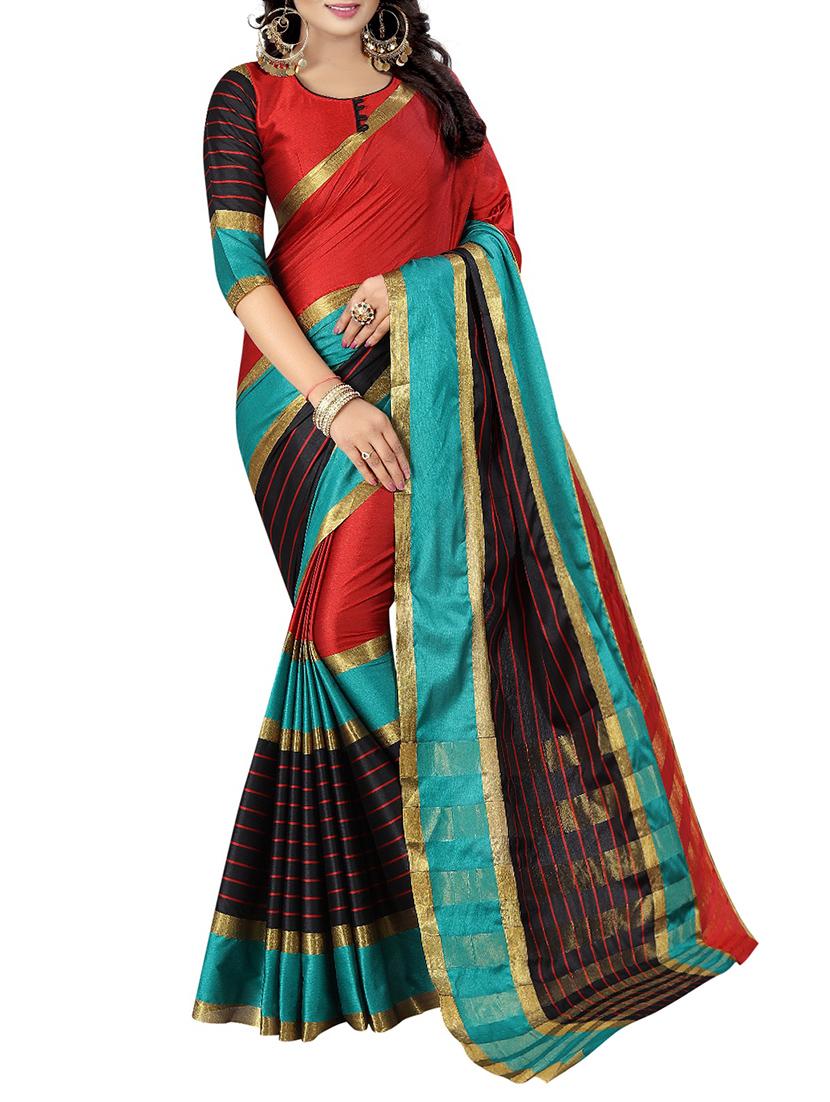 red cotton silk woven saree with blouse - 14773554 -  Zoom Image - 0