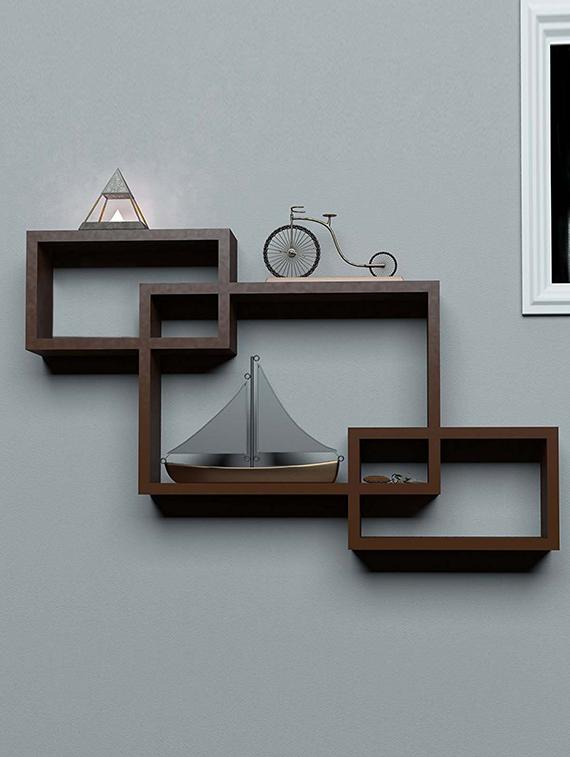 Wall Shelf Rack Set Of 3 Intersecting Shelves Brown