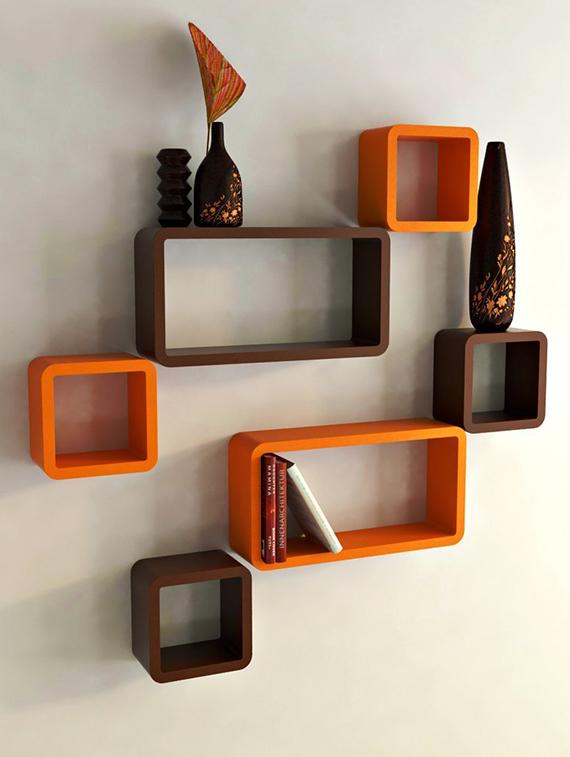 Wall Shelf Set Of Six Cube Rectangle Designer Rack Shelves Brown Orange
