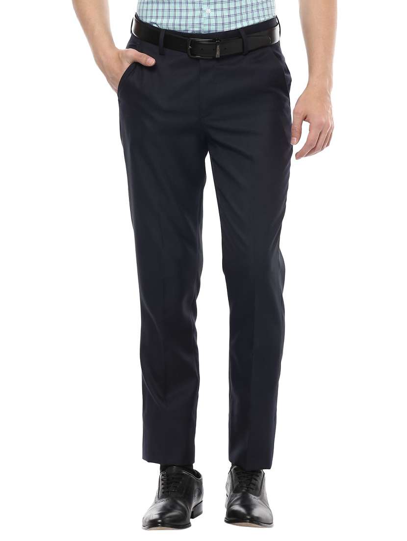 navy blue polyester blend flat front formal trouser