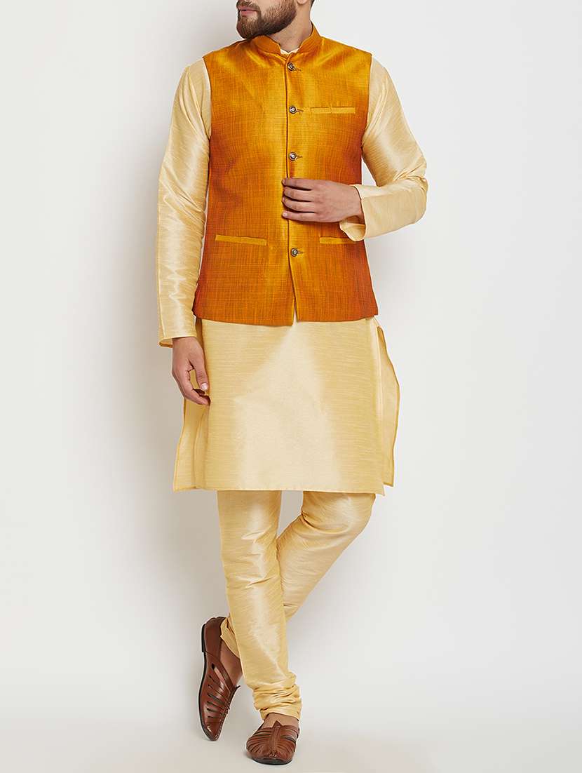 gold and mustard dupion ethnic wear set