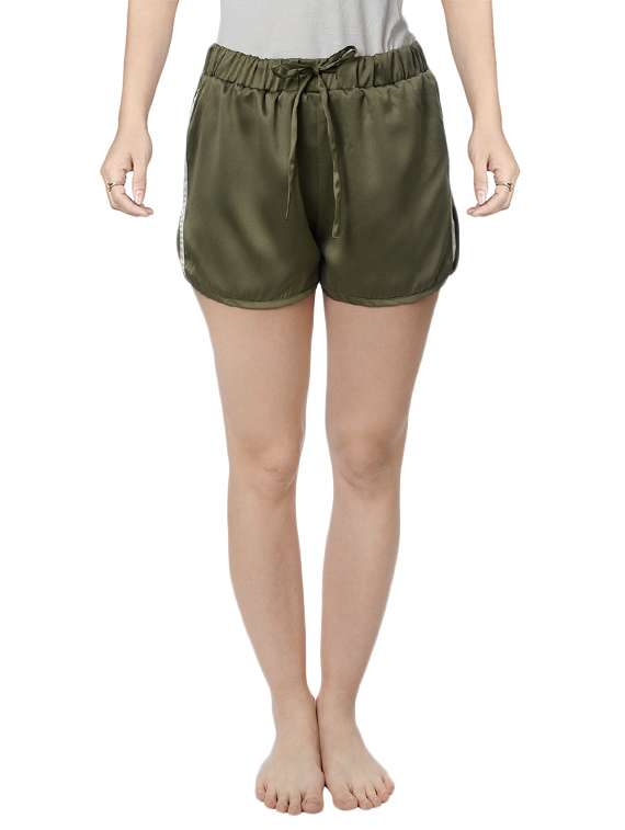 green satin shorts