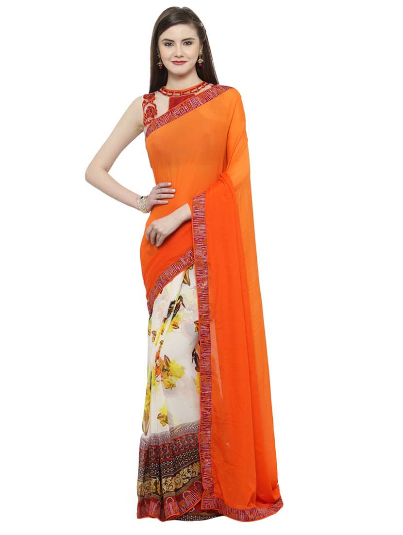 orange georgette printed saree with blouse - 14807036 -  Zoom Image - 0