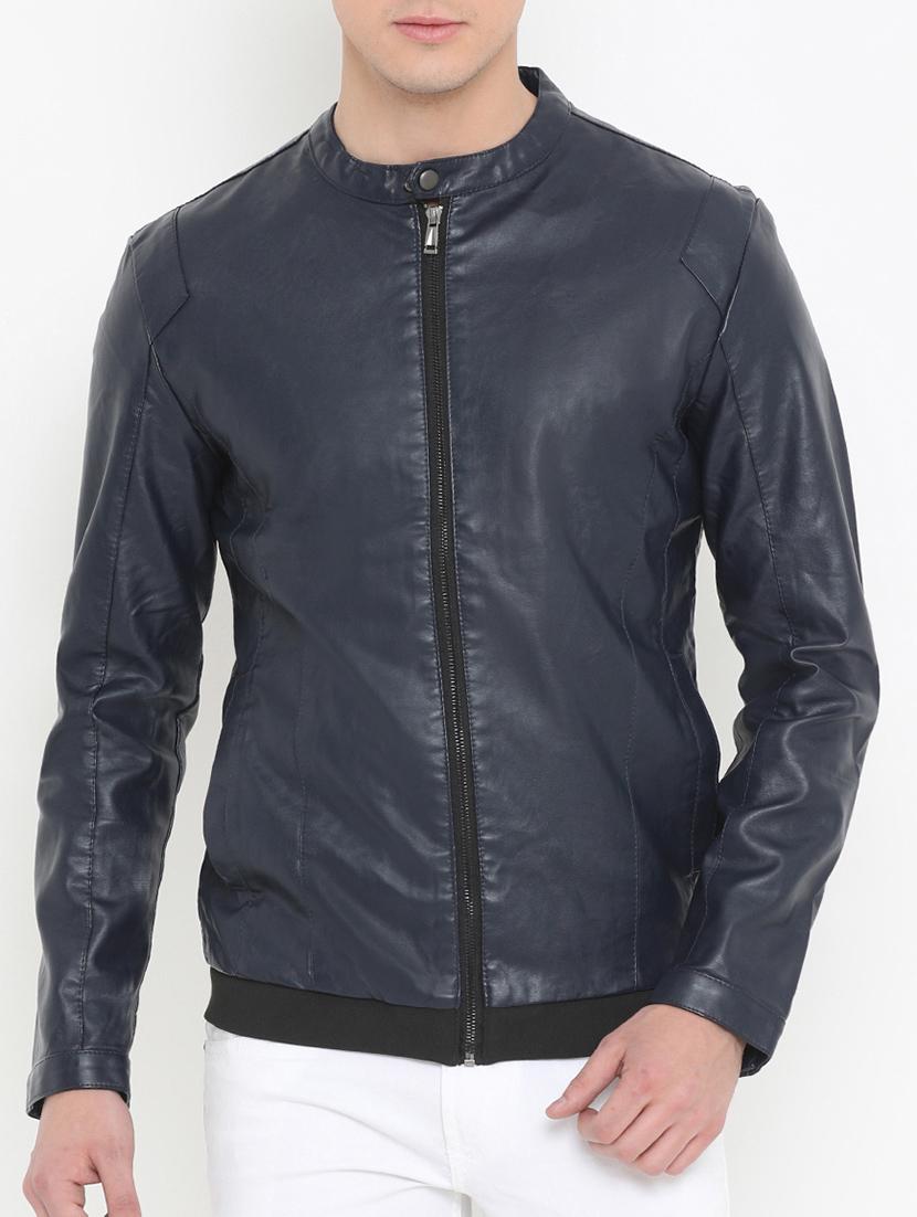 Navy Blue Faux Leather Biker Jacket By Showoff Ping Navy Blue Faux Leather Biker Jacket By Showoff Ping For In India 14809269