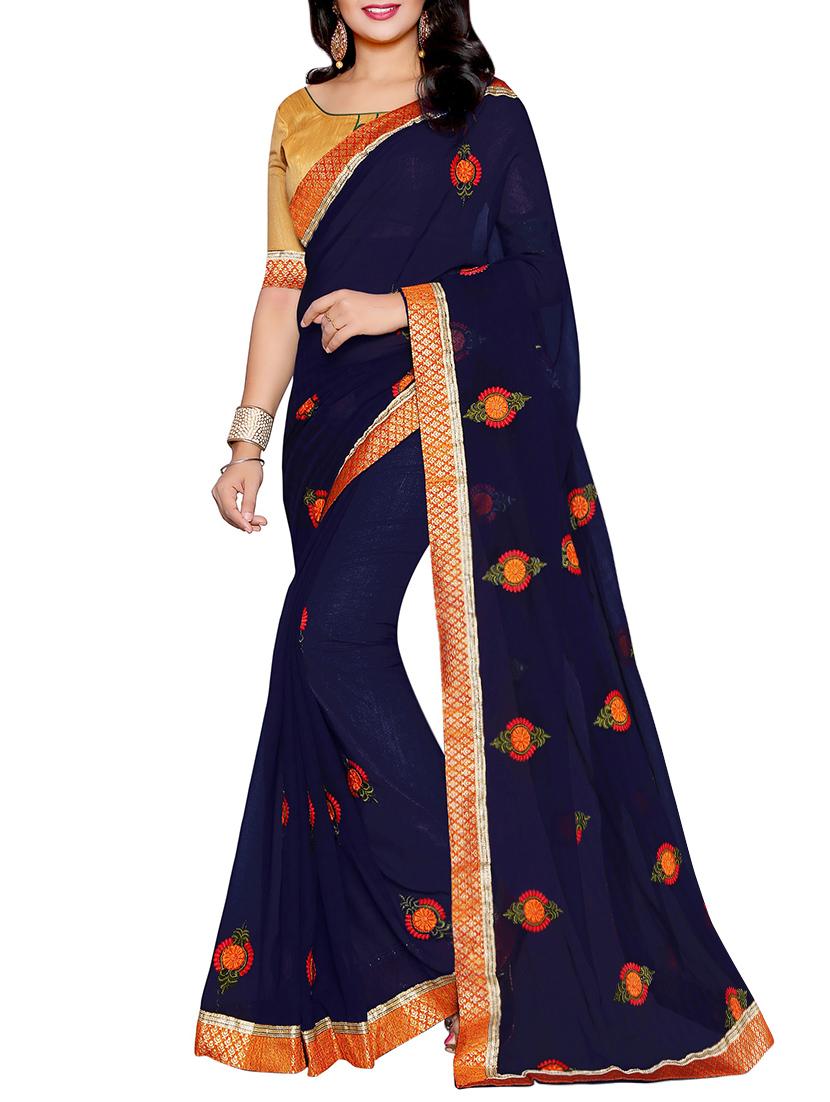 blue chiffon embroidered saree with blouse - 14809458 - Zoom Image - 0