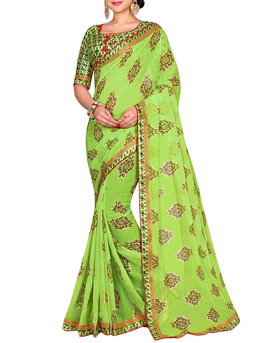 green printed saree with blouse - 14809489 - Zoom Image - 0
