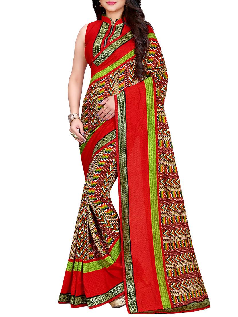 contrast bordered printed saree with blouse - 14809512 -  Zoom Image - 0