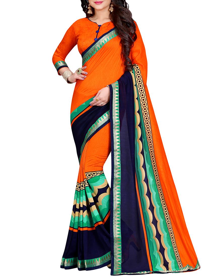 orange printed saree with blouse - 14809514 - Zoom Image - 0
