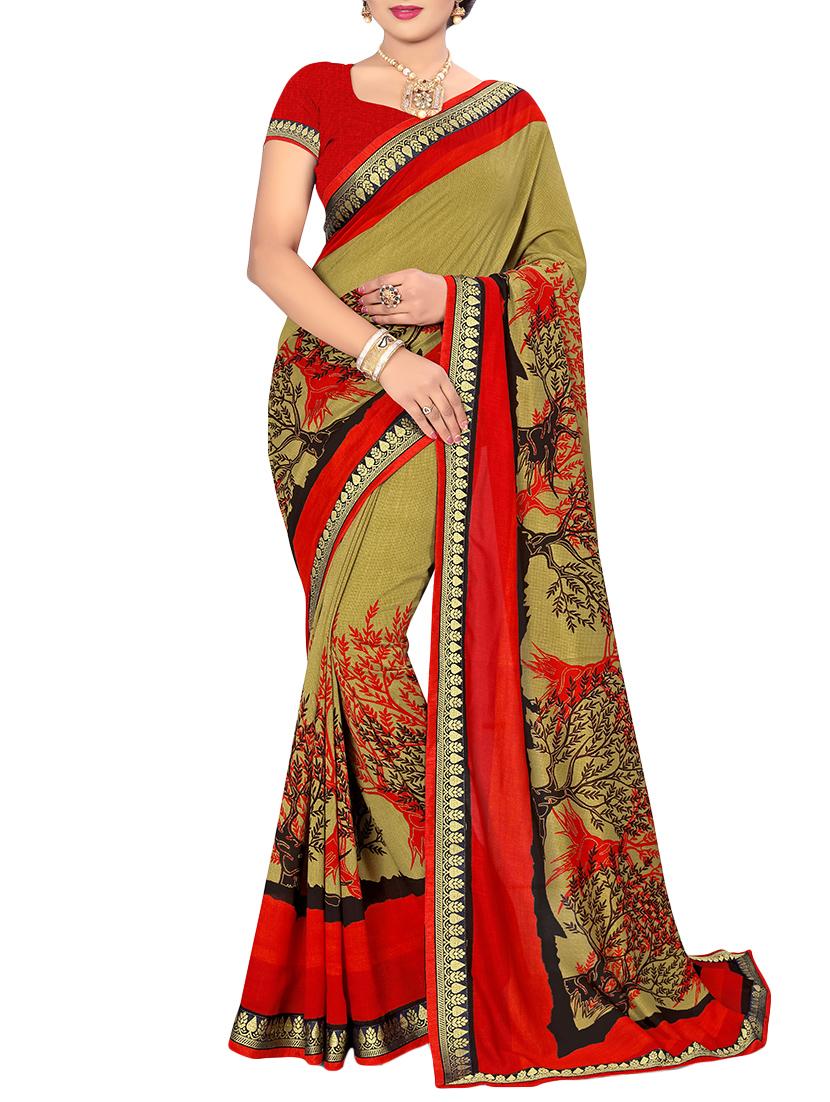 beige printed saree with blouse - 14809525 -  Zoom Image - 0