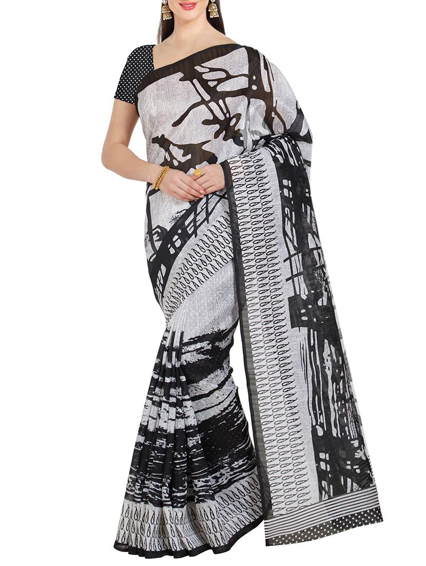 monochrome printed saree with blouse - 14809534 -  Zoom Image - 0