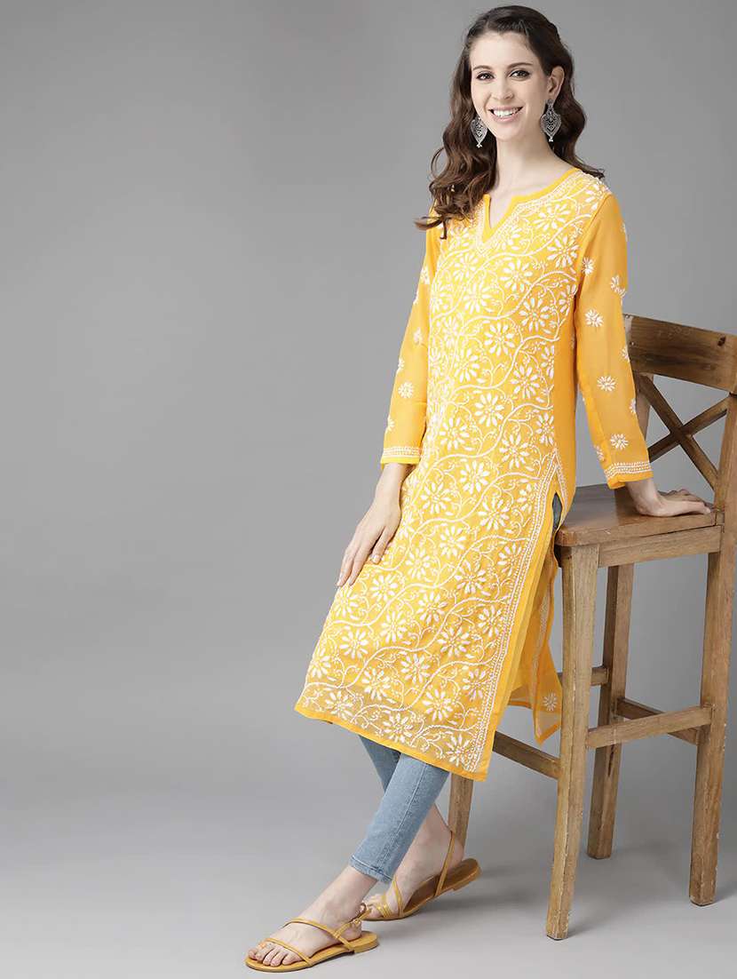 yellow long georgette women chikankari straight kurta - 14810663 -  Standard Image - 3