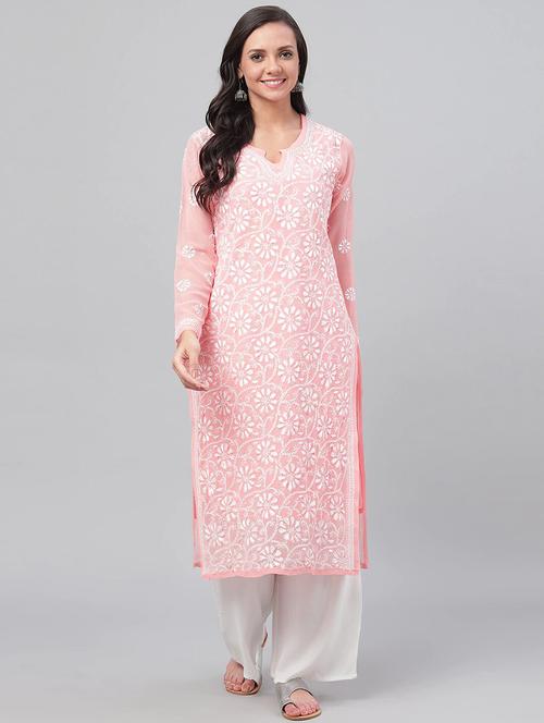 pink chikankari georgette straight women kurta - 14810671 - Standard Image - 0