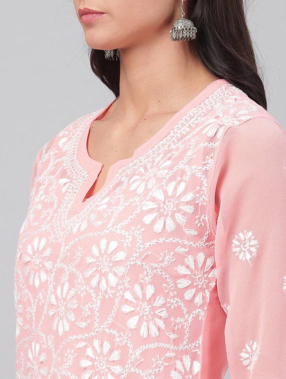 pink chikankari georgette straight women kurta - 14810671 - Standard Image - 3