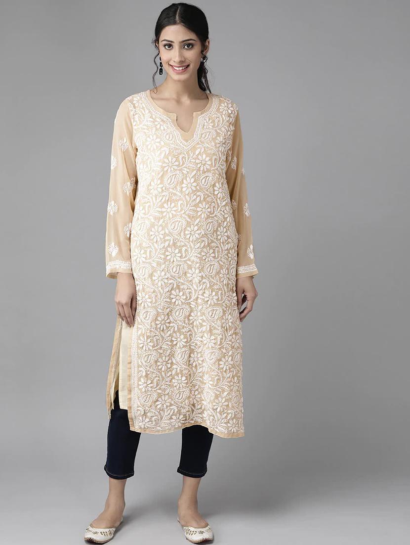 georgette long beige straight women chikankari kurta - 14810697 -  Zoom Image - 0