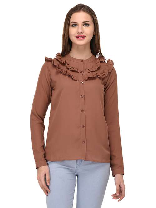 brown solid ruffled shirt - 14811698 - Standard Image - 0