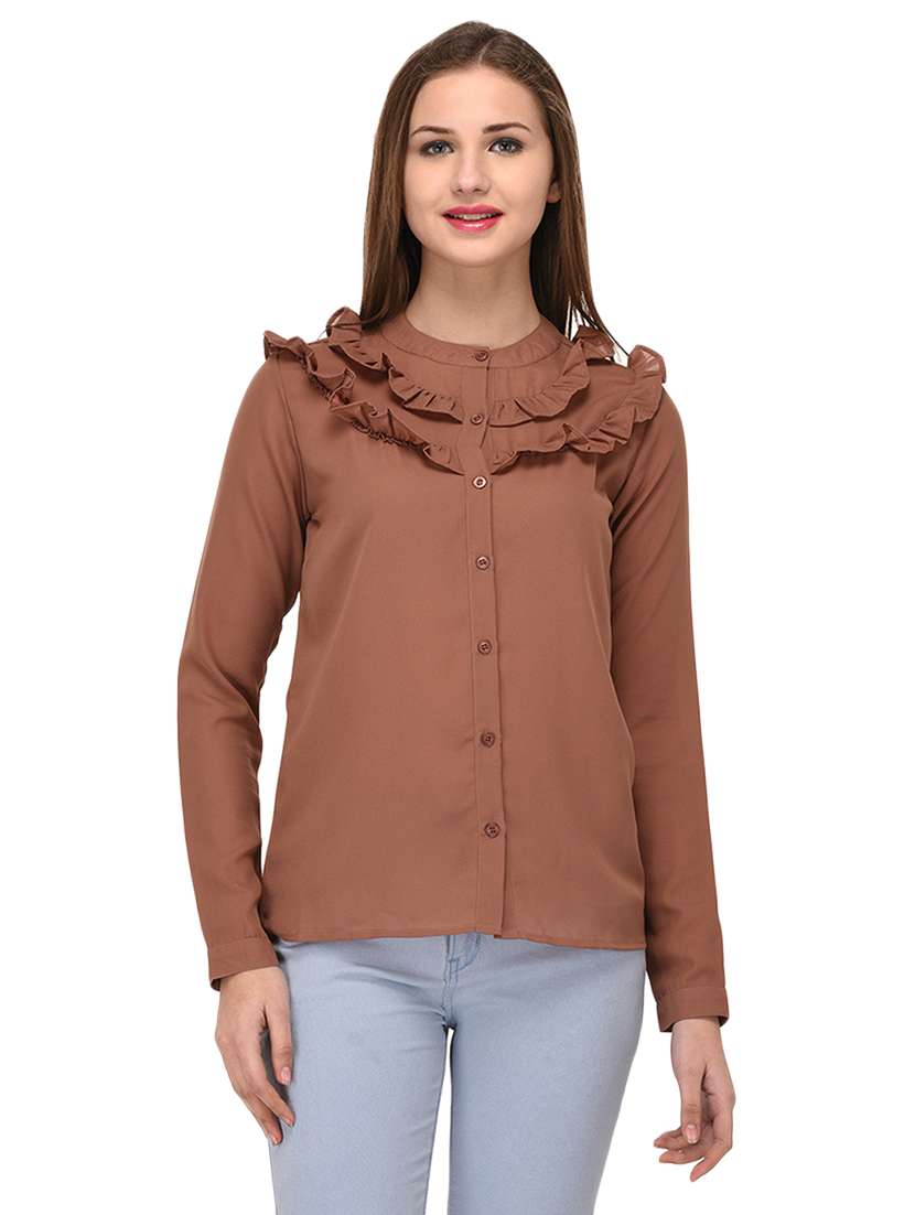 brown solid ruffled shirt - 14811698 - Zoom Image - 0