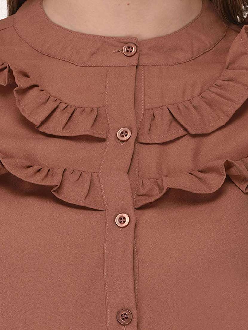 brown solid ruffled shirt - 14811698 - Standard Image - 3