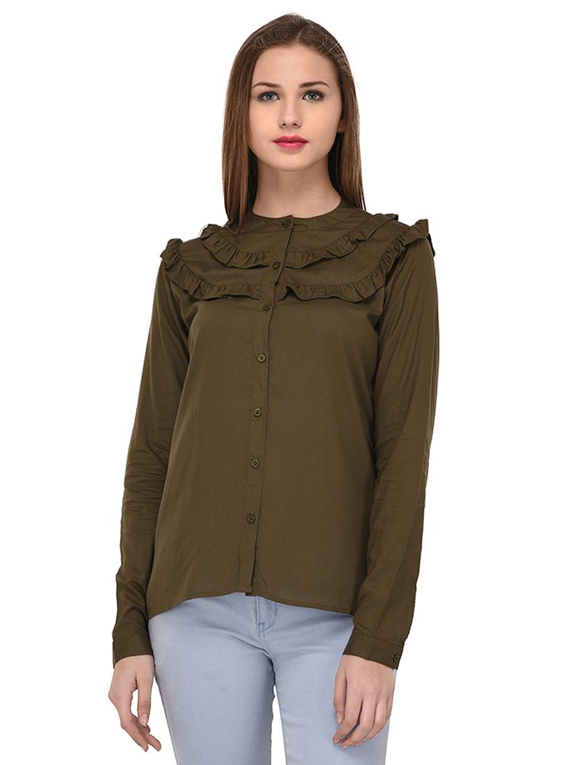green rayon ruffled shirt - 14811699 -  Zoom Image - 0