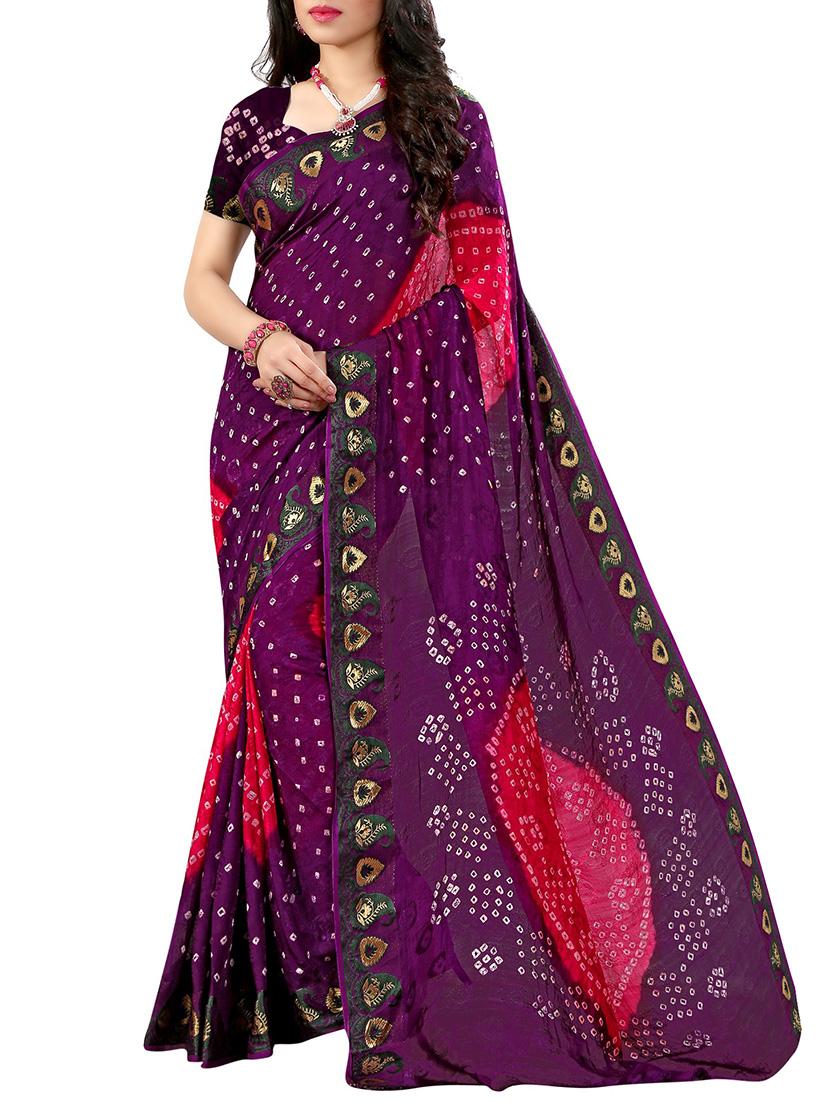 purple art silk bandhani saree with blouse - 14812289 - Zoom Image - 0