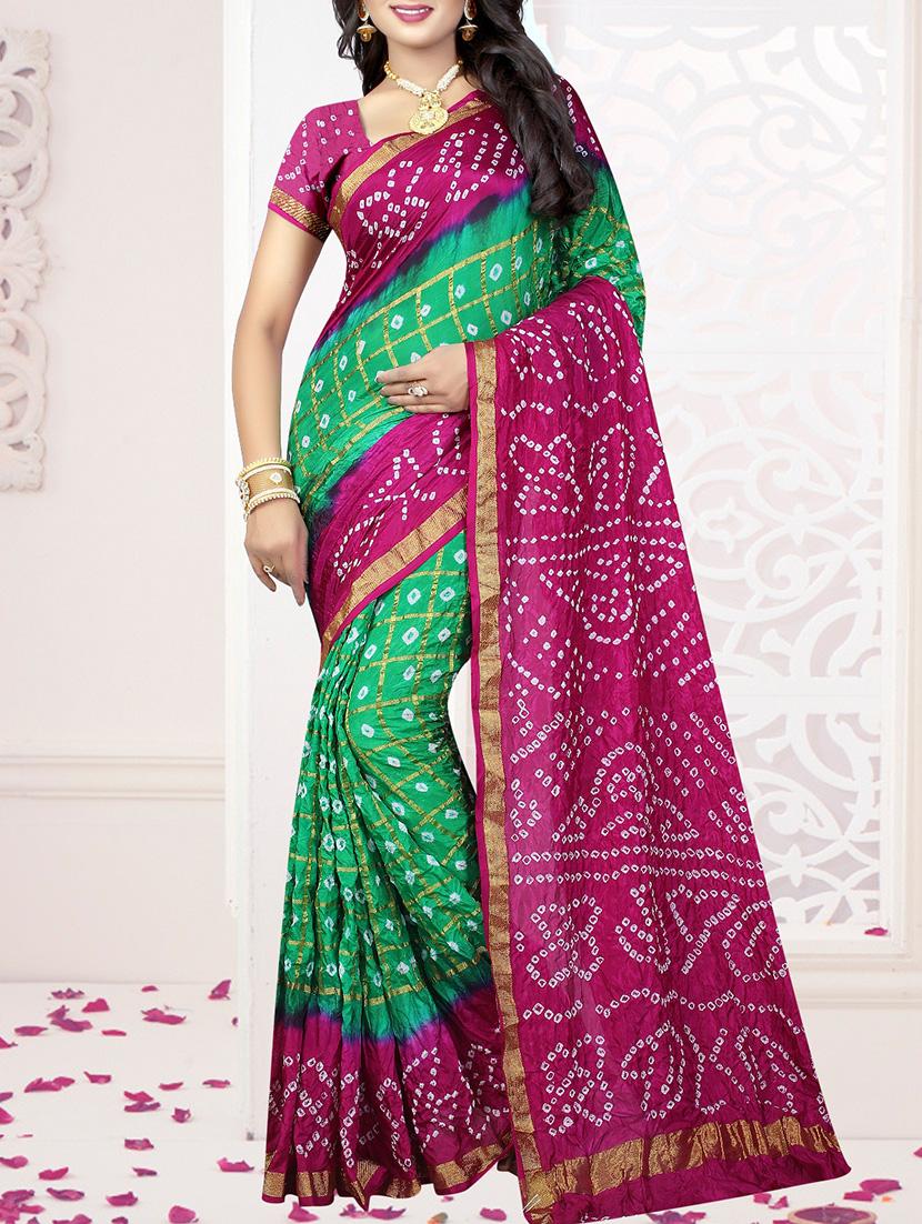 green silk bandhani saree with blouse - 14812348 -  Zoom Image - 0