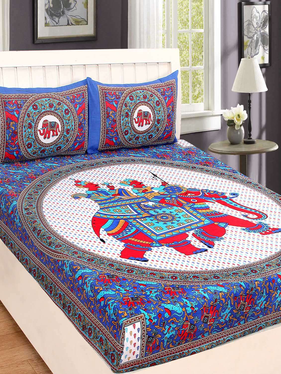 140 tc cotton jaipuri printed double bed sheet with 2 pillow cover