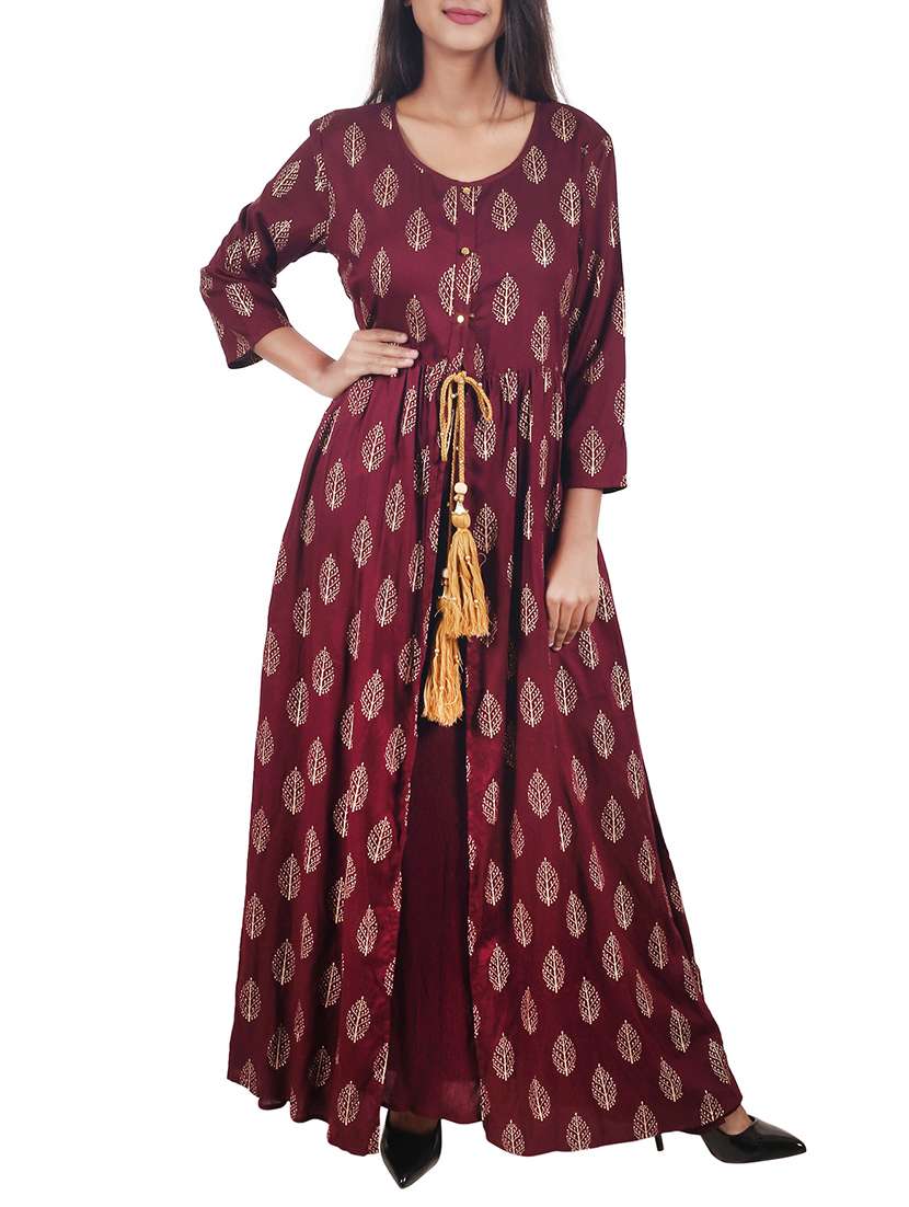 maroon rayon printed layered kurta