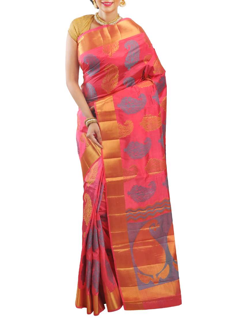 pink art silk woven saree with blouse