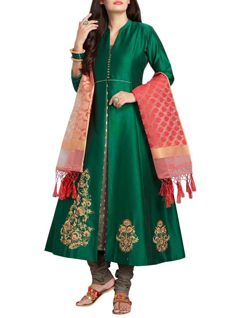 green chanderi a-line stitched suit