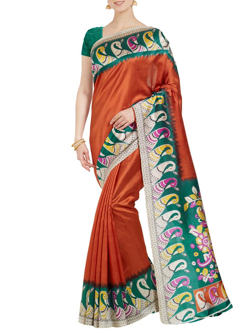 orange art silk printed saree with blouse - 14853603 - Zoom Image - 0