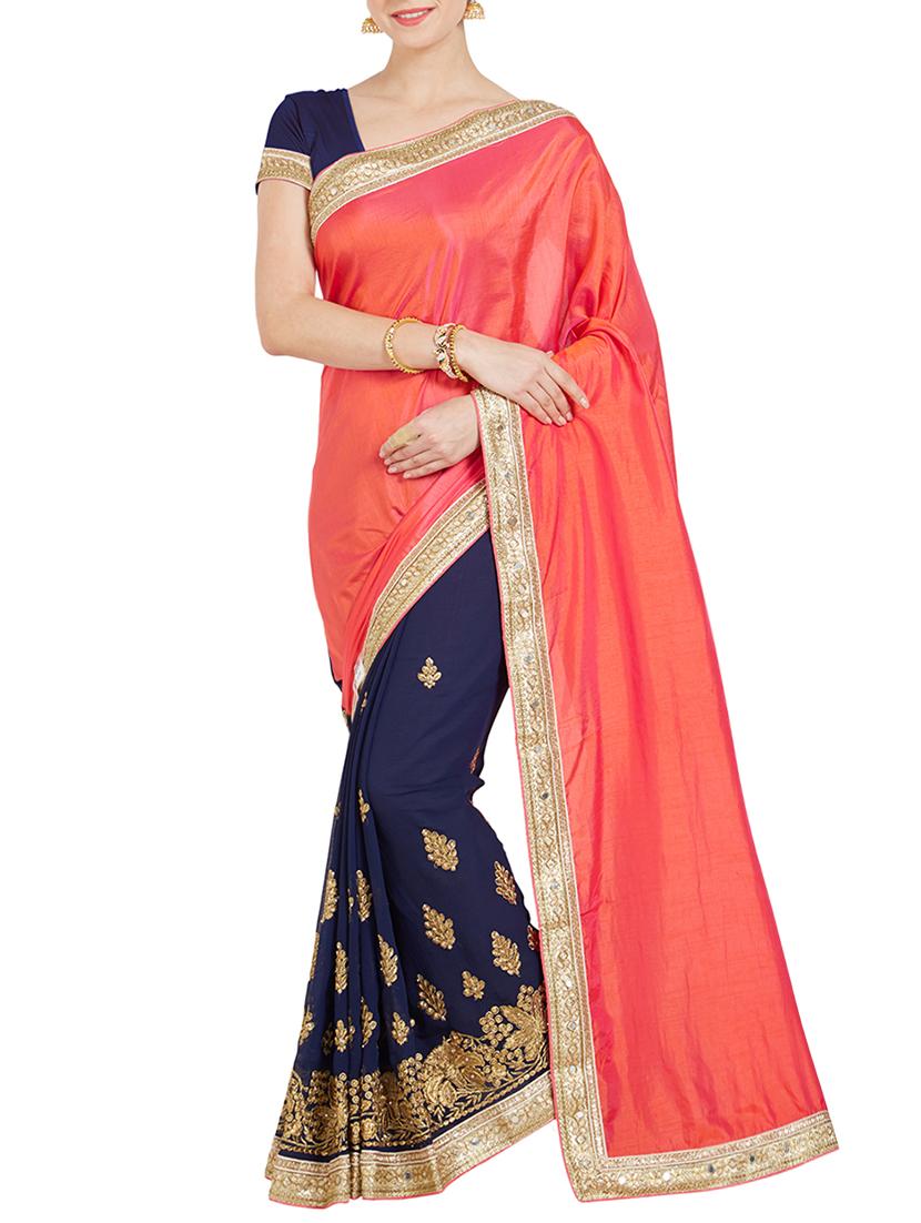 orange chiffon embroidered saree with blouse - 14853610 - Zoom Image - 0