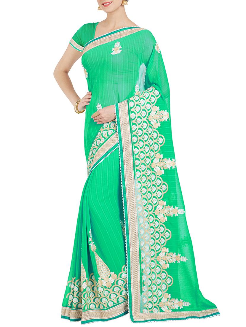 green chiffon embroidered saree with blouse - 14853613 -  Zoom Image - 0