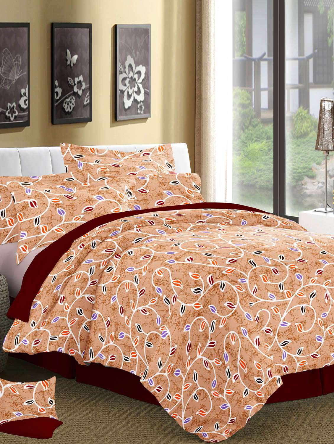 180 tc cotton brown floral printed double bedsheet with 2 pillow covers