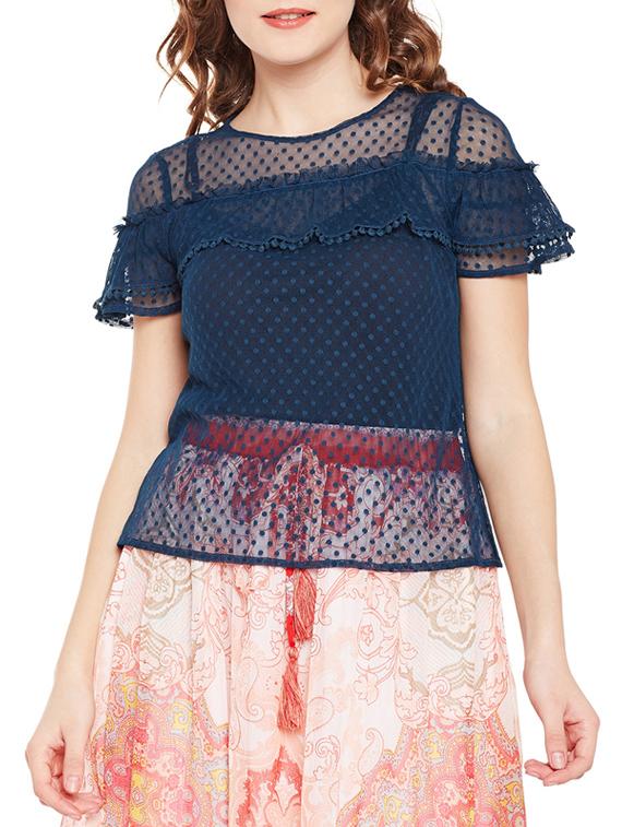 dotted mesh ruffle detail top - 14868024 - Zoom Image - 0