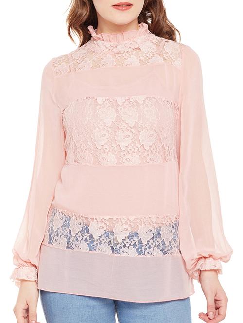 frill trim lace insert top - 14868031 -  Standard Image - 0