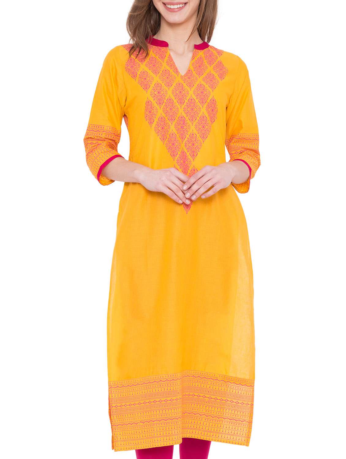 Buy online Yellow Cotton Straight Kurta from Kurta Kurtis for Women by