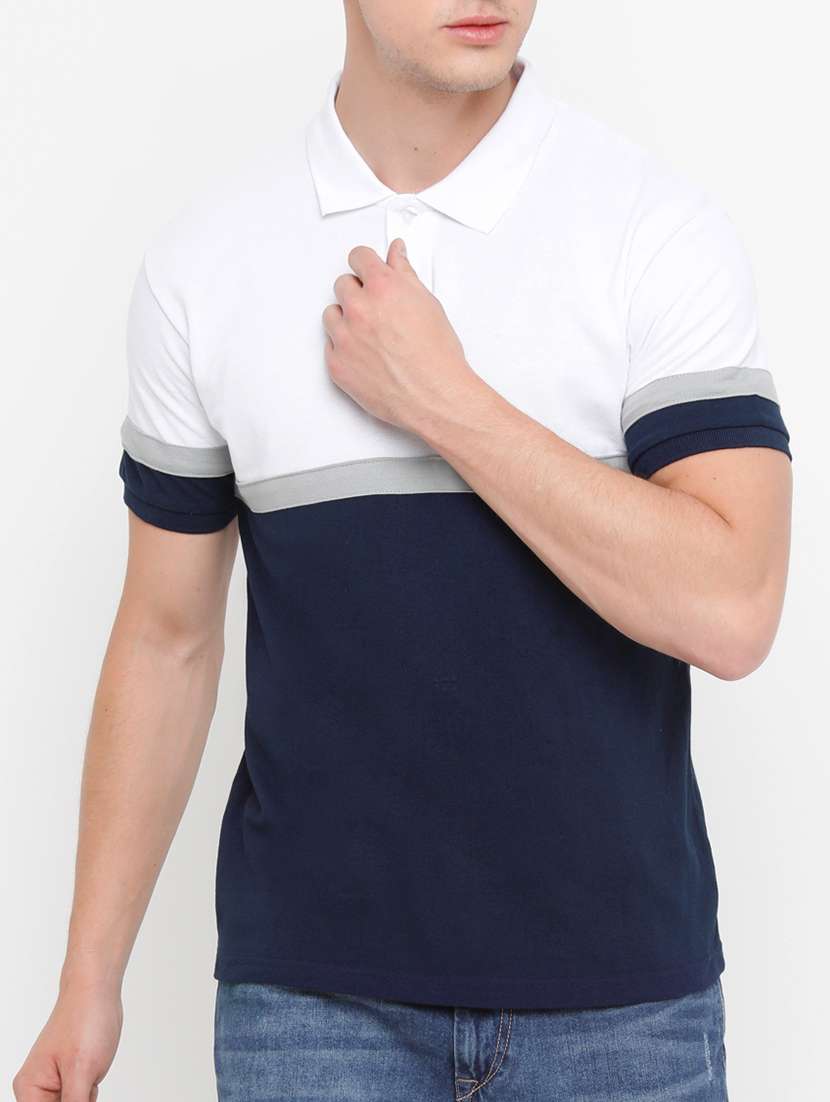 men navy blue color block polo t-shirt - 14882331 - Zoom Image - 0