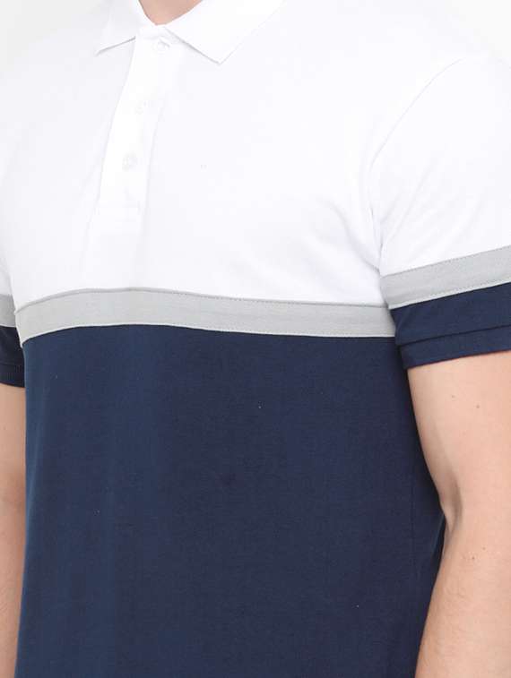 men navy blue color block polo t-shirt - 14882331 - Standard Image - 3