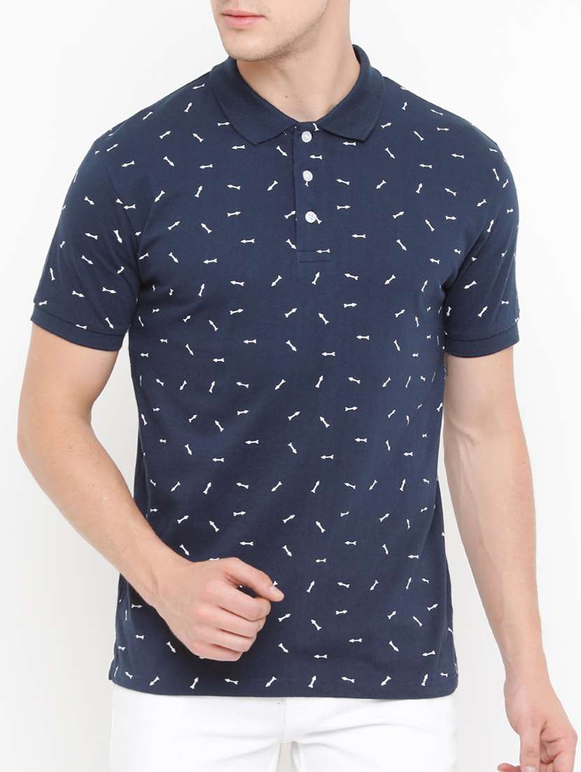 navy blue all over print polo t-shirt