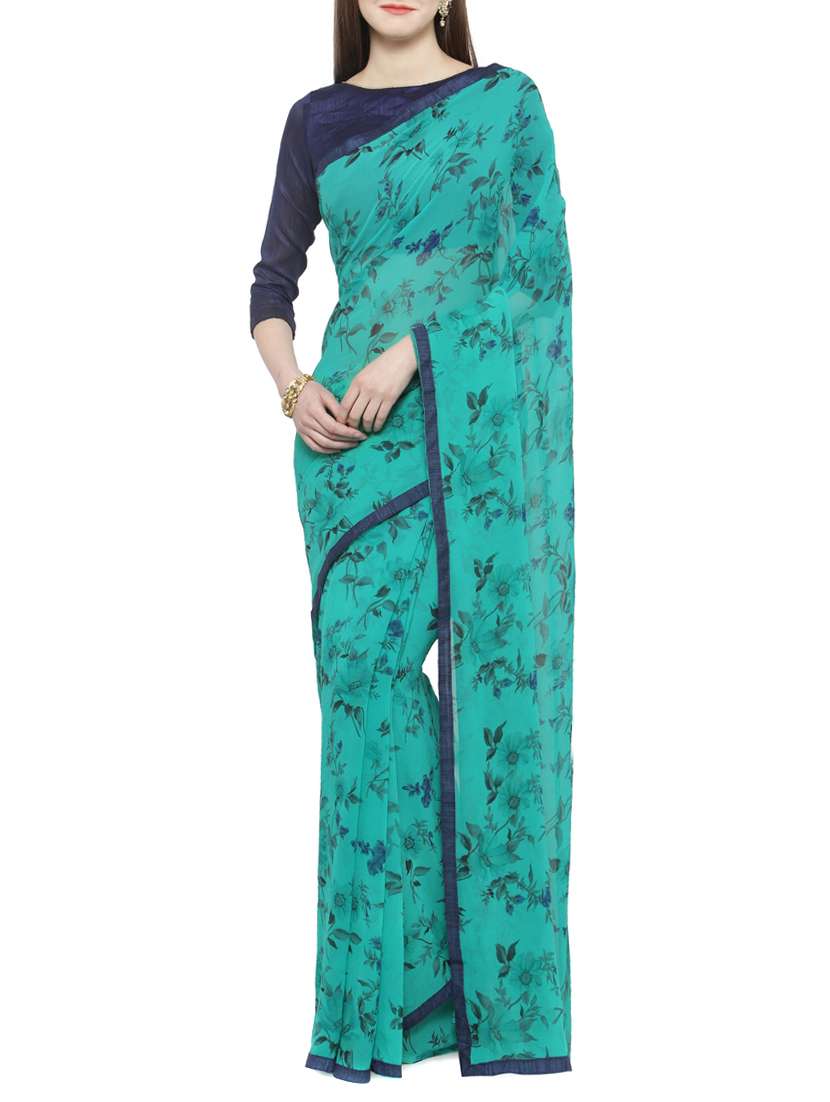 women's printed blue colored saree with blouse