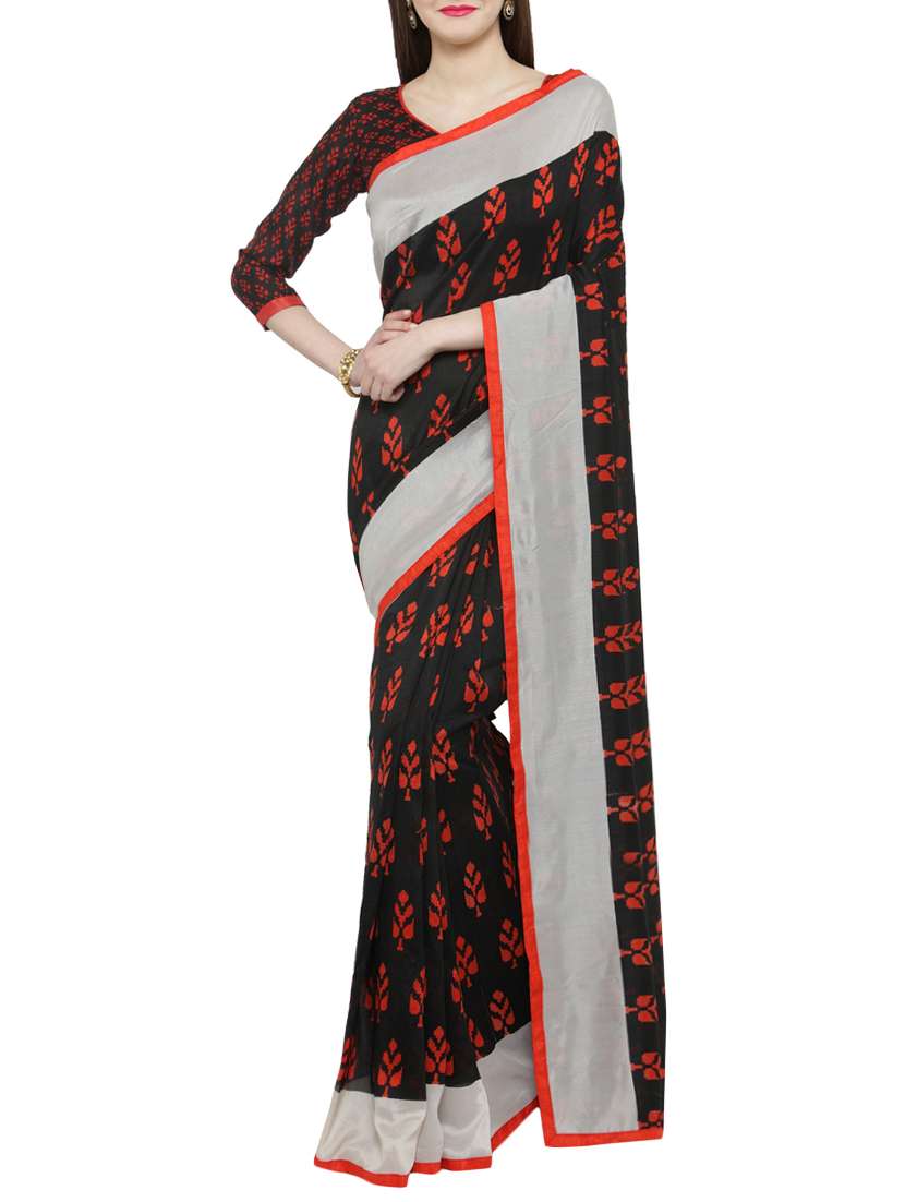 black silk printed saree with blouse