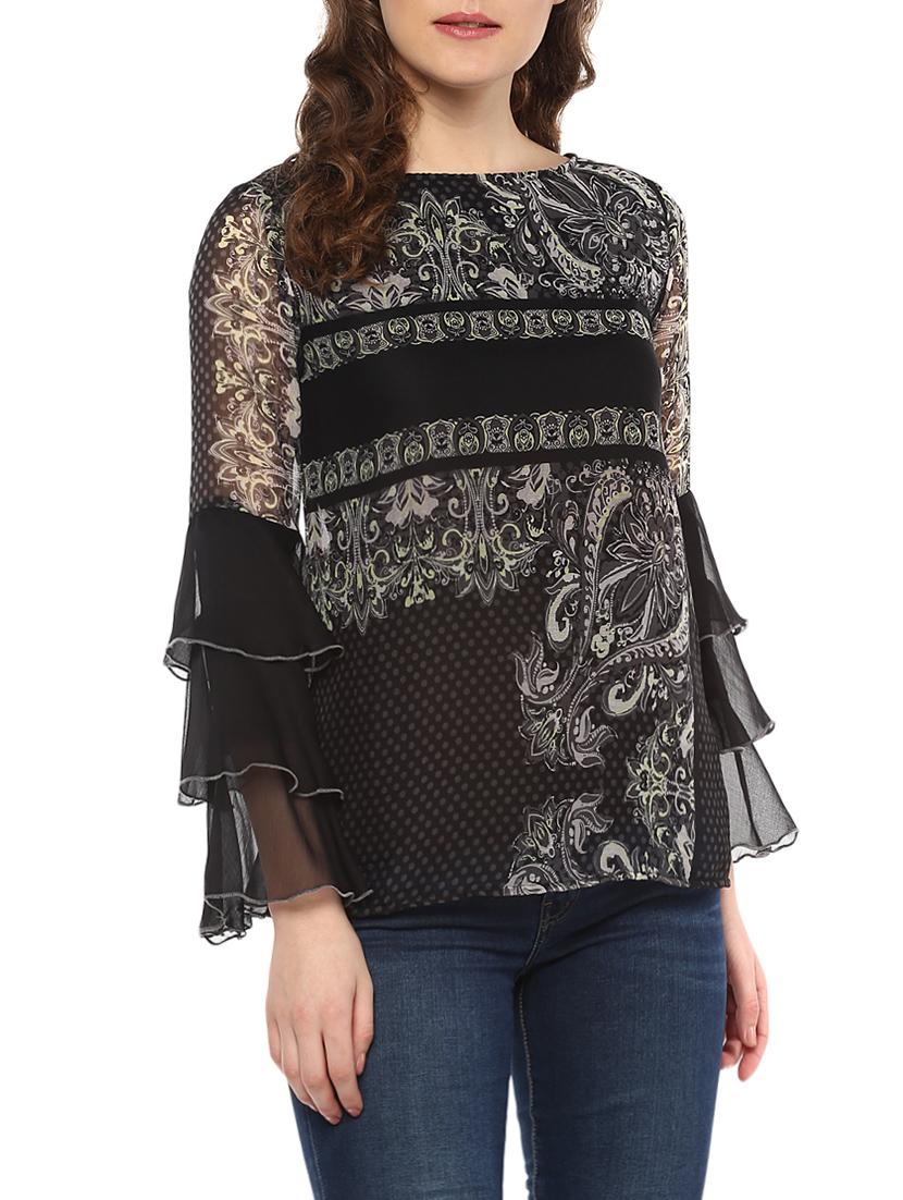 layered lace bell sleeved monochrome top - 14884817 - Zoom Image - 0