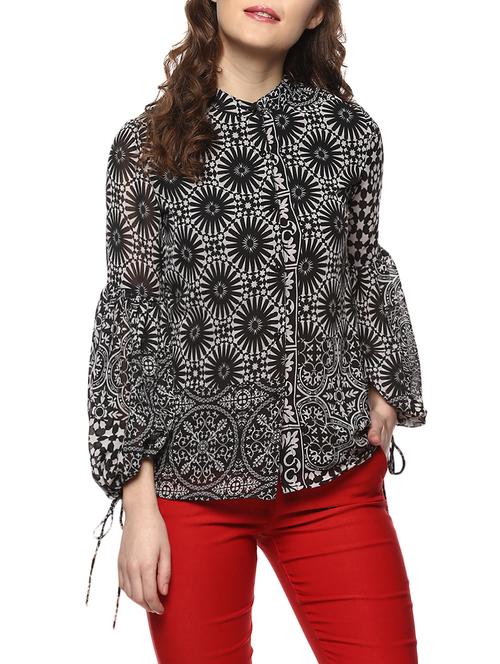black printed bishop sleeved regular fit  top - 14884819 -  Standard Image - 0