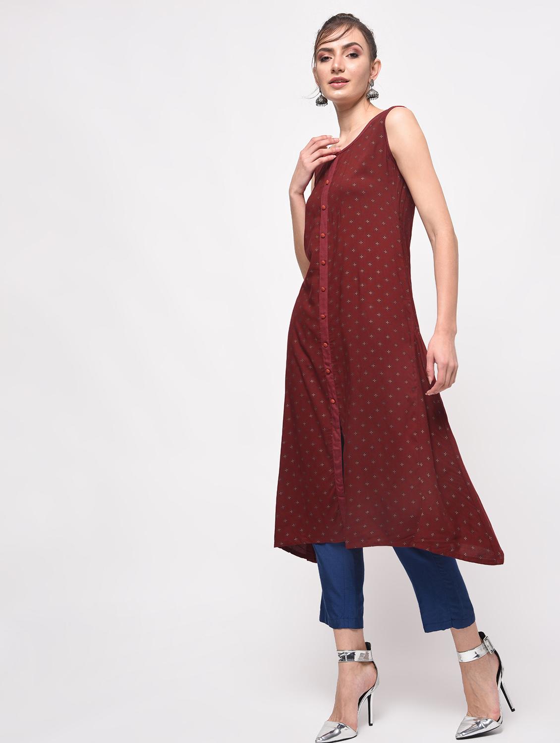 maroon rayon asymmetric solid kurta