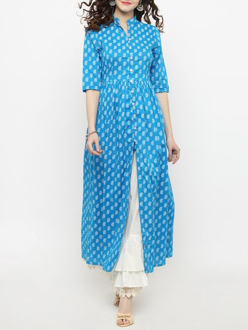 sky blue cotton high slit kurta - 14889449 - Standard Image - 0