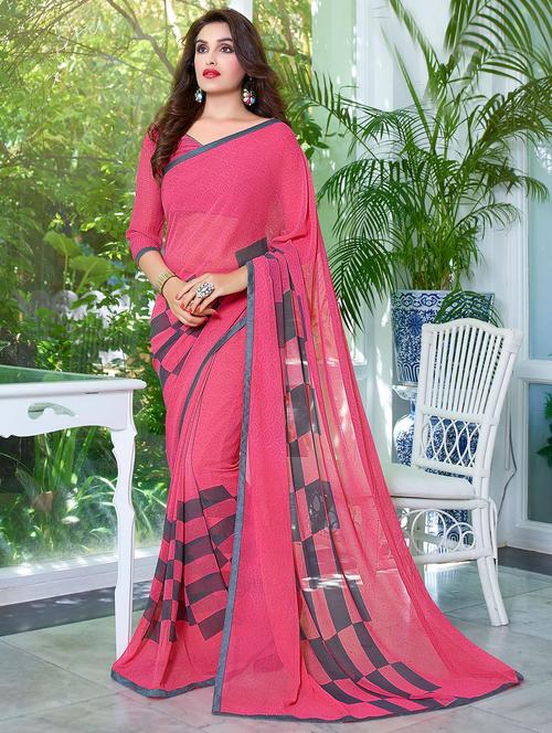 pink georgette printed saree with blouse - 14895770 -  Standard Image - 0