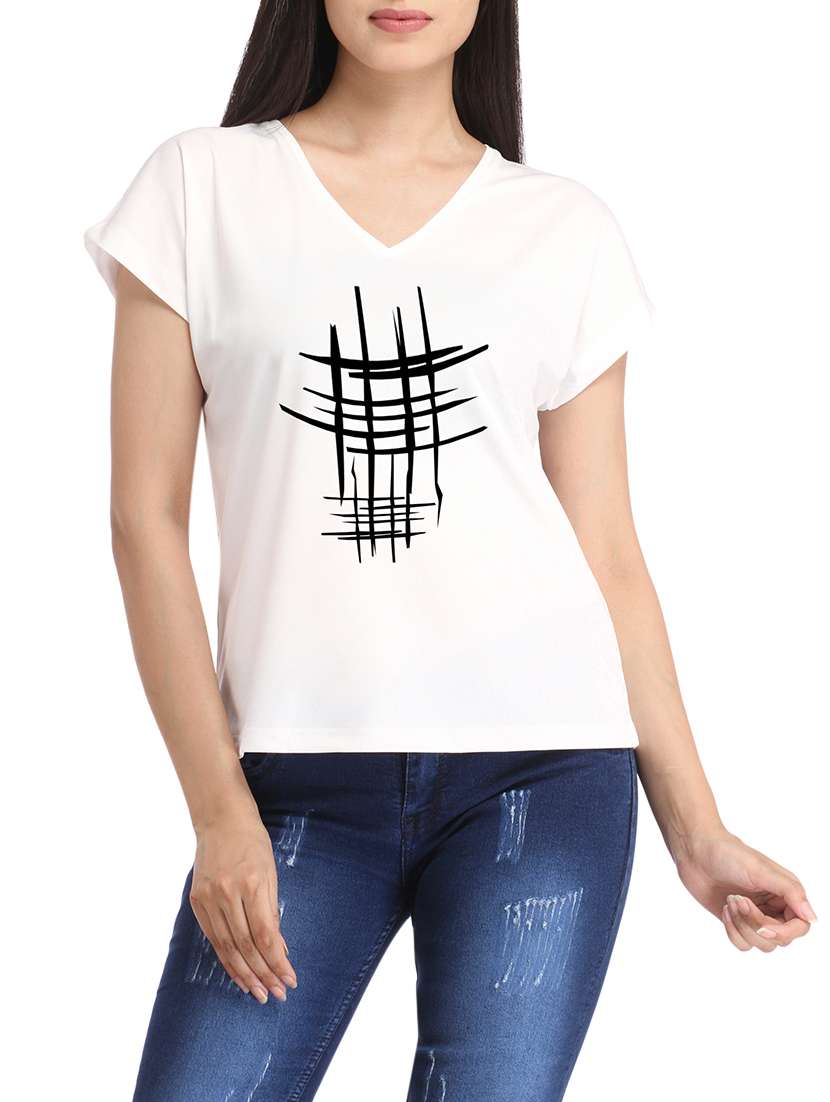 white printed cotton blend tee