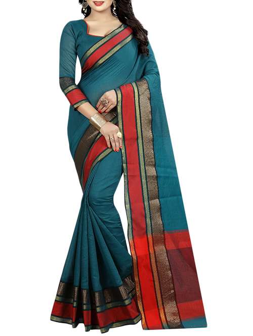 blue cotton saree with blouse - 14907943 -  Standard Image - 0