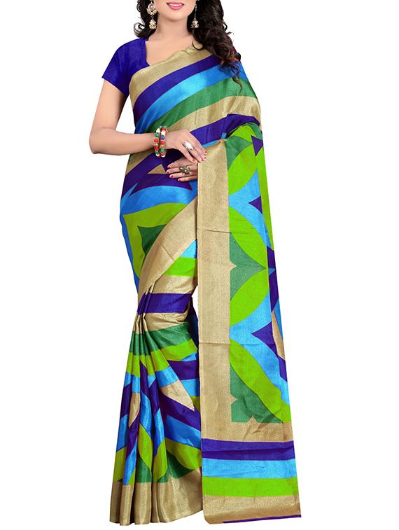 blue silk blend printed saree with blouse - 14907959 - Zoom Image - 0