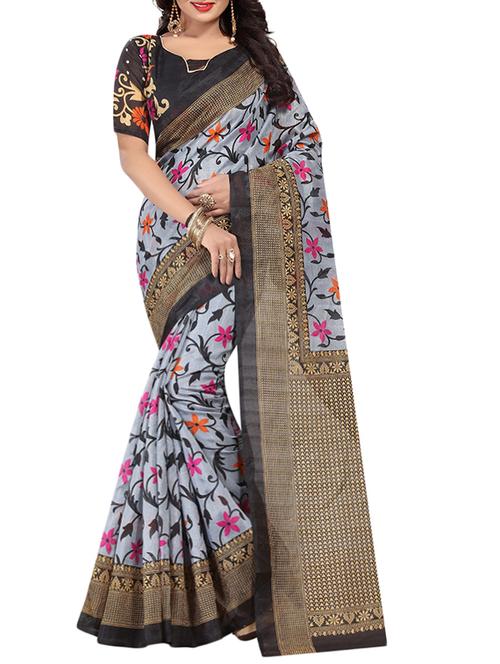 black silk blend printed saree with blouse - 14907963 - Standard Image - 0