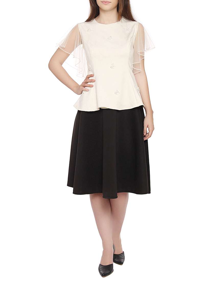 red couture off white top skirt set